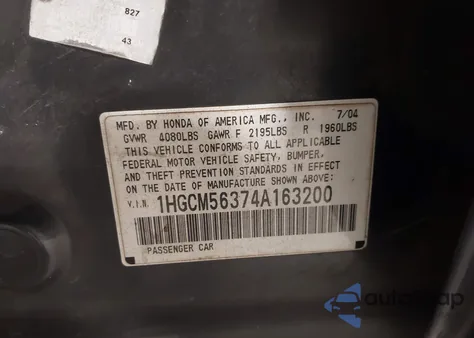 2004 Honda Accord 2.4 Lx z USA, uszkodzony, nr VIN 1HGCM56374A163200